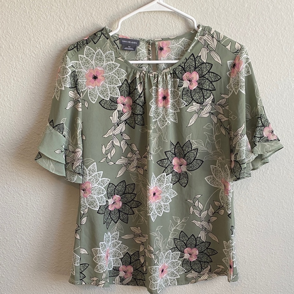 Van Heusen Floral Sage Green Blouse with Pink Accents